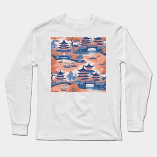 Orange and blue chinoiserie landscape Long Sleeve T-Shirt